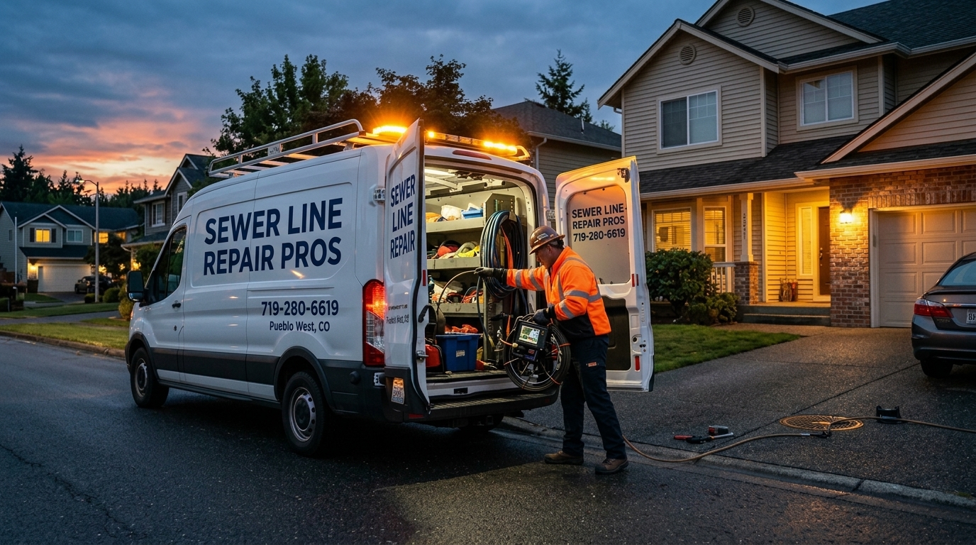 24/7 emergency sewer repair service van arriving at residential property during dusk with safety lights active