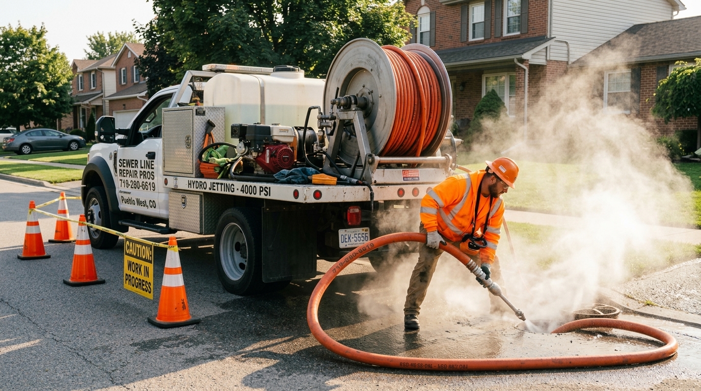 Commercial sewer hydro jetting truck and drain cleaning technician operating 4000 PSI root cutting nozzle