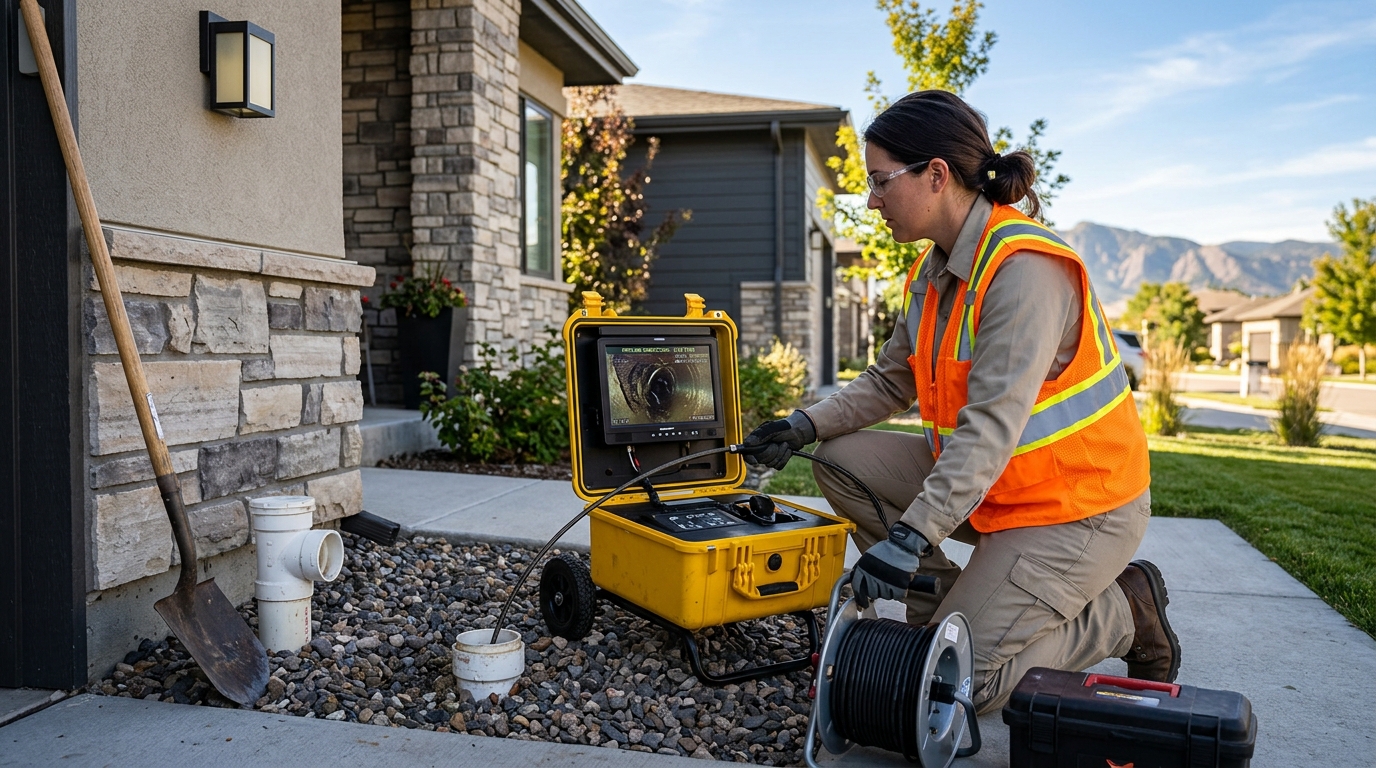 Certified sewer utility technician operating digital video inspection camera at residential cleanout in Pueblo West