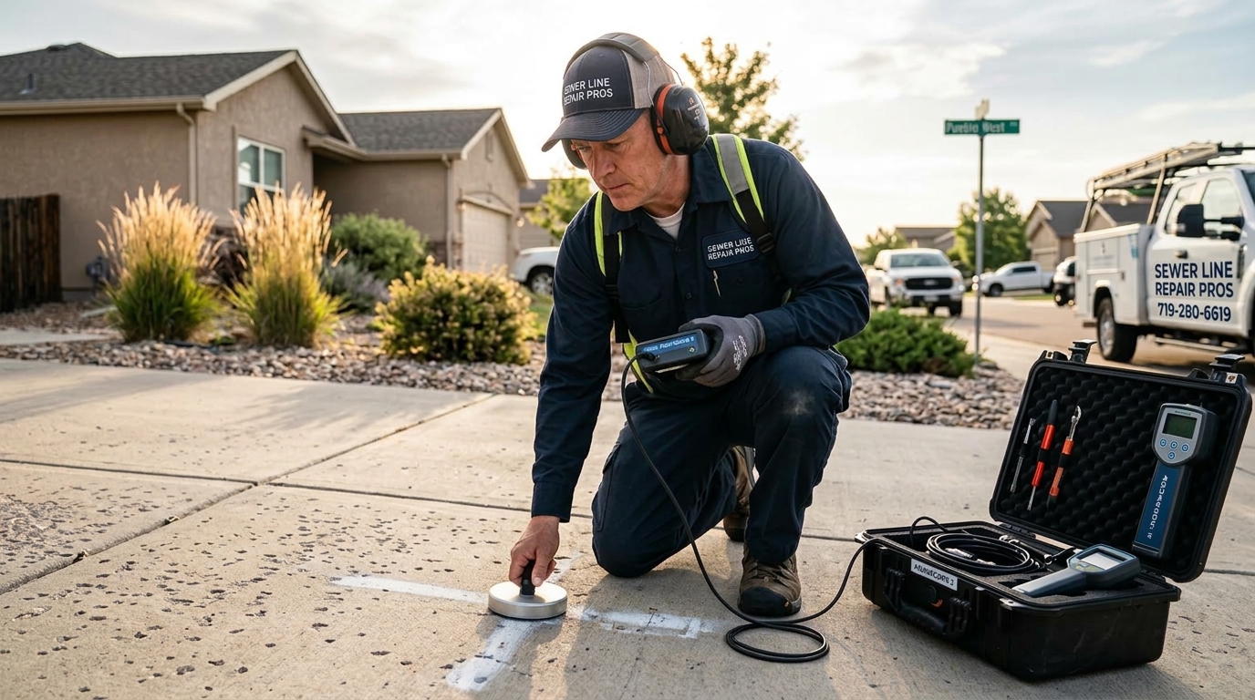 Underground sewer leak detection specialist in Pueblo West using acoustic ground microphone and digital sensor