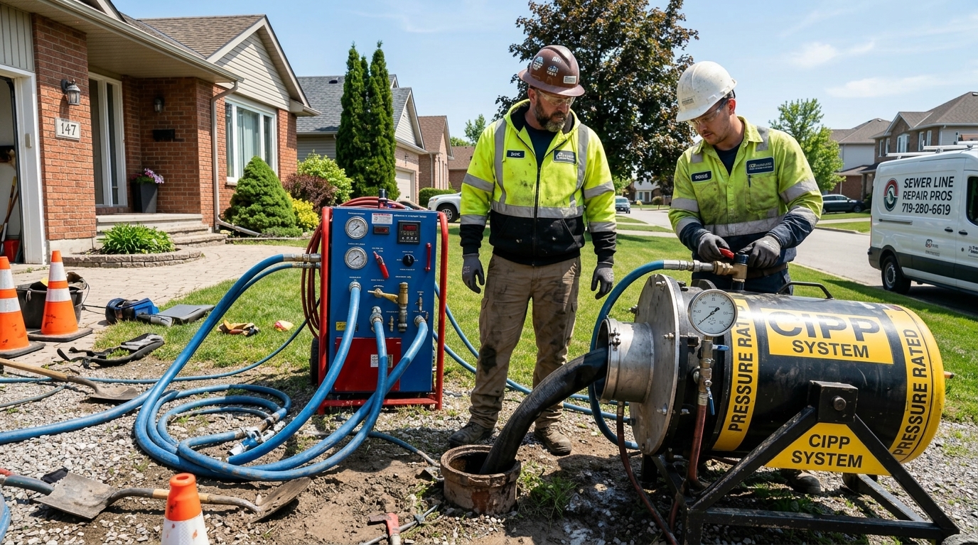 Licensed trenchless CIPP sewer lining crew operating pneumatic inversion drum at residential cleanout